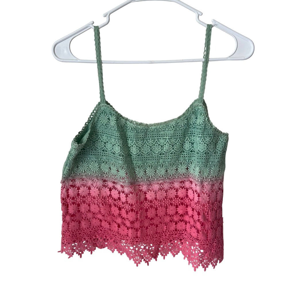 En Creme Green Pink Floral Crochet Lace Ombre Camisole Tank Top Medium